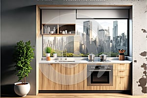 Modern studio kitchen interior,hyperrealism, photorealism, photorealistic