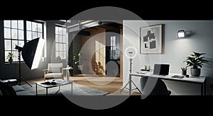 Modern Studio Setup Softbox, Ring Light, Home Office