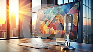 Modern studio workspace with desktop computer and microphone. Generative AI