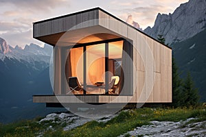 modern style architecture of chic minimalist tiny wooden house at Italian Alps. AI Generated