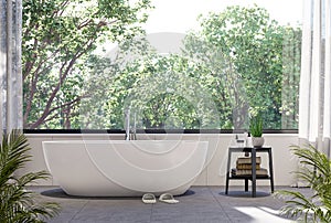 Modern style bathroom with blurry nature view background 3d render