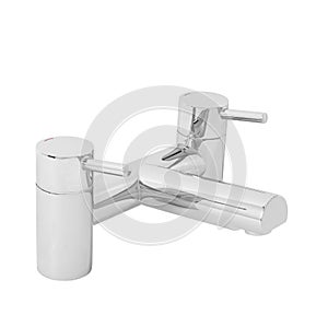 Modern-style bathroom faucet, a cold/hot water mixer tap isolated on a white background