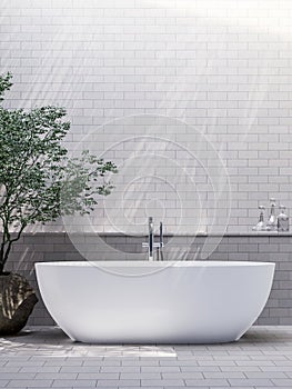 Modern style bathroom with white brick pattern tile wall 3d render