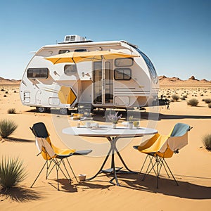 Modern Style Caravan in Desert, Traveling and Camping Concept Background, Generative AI