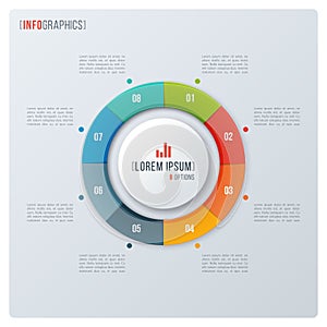 Modern style circle donut chart, infographic design, visualization template with eight options.