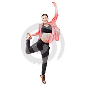 Modern style dancer posing on studio white background