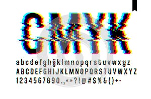 Modern style distorted glitch typeface, mixing blue pink and yellow channel screen defect, uppercase and lowercase letters, only