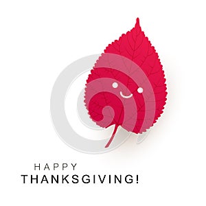 Modern Style Happy Thanksgiving Card Layout with Smiling Face on a Red Tree Leaf, Design Template with a Single Fallen Autumn Leaf
