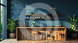 Modern style kitchen interior design with dark blue wall