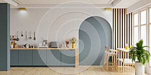 Modern style kitchen interior design with dark blue wall,dining room interior design