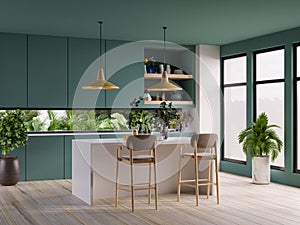 Modern style kitchen interior design with dark green wall