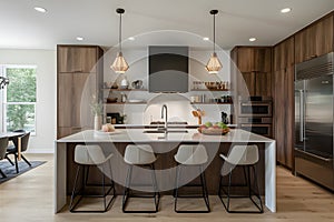 Modern style kitchen with natural wood accents in advertisinggraphy