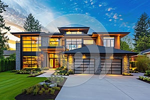 Modern style luxurious new construction house with car garage. Generative AI