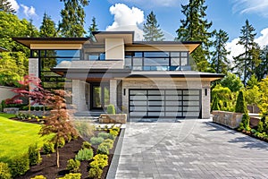 Modern style luxurious new construction house with car garage. Generative AI