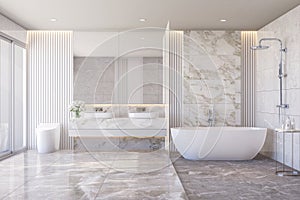 Modern style luxury white bathroom with marble stone 3d render