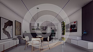 modern style open space dinning room 3d rendering