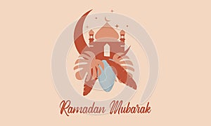 Modern style Ramadan Mubarak greeting cards with retro boho design, moon, mosque dome and lanterns