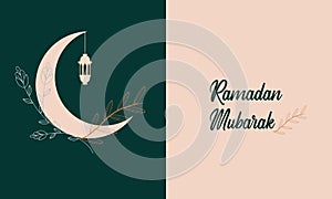 Modern style Ramadan Mubarak greeting cards with retro boho design, moon, mosque dome and lanterns