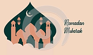 Modern style Ramadan Mubarak greeting cards with retro boho design, moon, mosque dome and lanterns