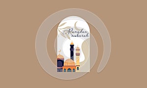 Modern style Ramadan Mubarak greeting cards with retro boho design, moon, mosque dome and lanterns