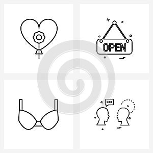 Modern Style Set of 4 line Pictograph Grid based balloon,heart, open board, garments