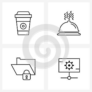 Modern Style Set of 4 line Pictograph Grid based coffee, directory, food dish, protected folder, network