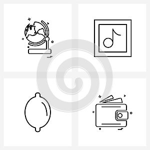 Modern Style Set of 4 line Pictograph Grid based globe, food, earth, audio, lemon