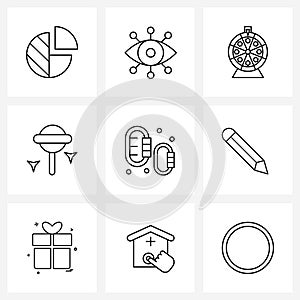 Modern Style Set of 9 line Pictograph Grid based adventure, carabineer, music player, sweet, brazil