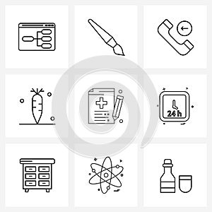 Modern Style Set of 9 line Pictograph Grid based time, health, phone, history, vegetable