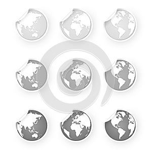 Silver gray world globe icons stickers set