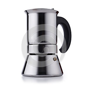 Modern style stainless steel expresso coffee pot, isolated on white