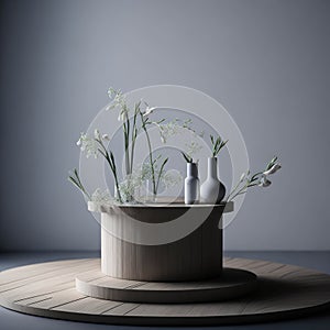 Modern Style Table Top Counter With Flowers, Fresh Background Design For Cosmetic and Fragrances Product Display, Generative AI