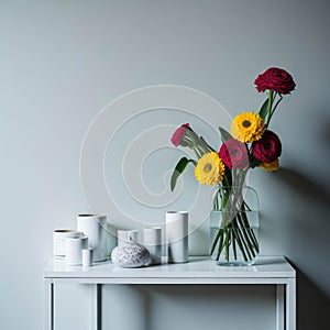 Modern Style Table Top Counter With Flowers, Fresh Background Design For Cosmetic and Fragrances Product Display, Generative AI