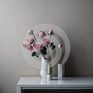 Modern Style Table Top Counter With Flowers, Fresh Background Design For Cosmetic and Fragrances Product Display, Generative AI