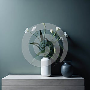 Modern Style Table Top Counter With Flowers, Fresh Background Design For Cosmetic and Fragrances Product Display, Generative AI