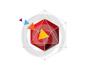 Modern style triangular facet red hexagon with transforming colorful triangle flying to center