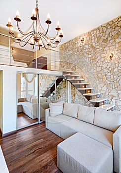 Modern style two-high living-room interior with staircase