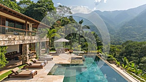 a modern-style villa, designed as a homestay, nestled amidst the picturesque mountains, boasting a meticulously crafted photo