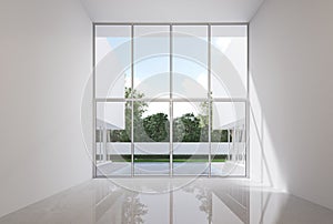 Modern style white house empty room inteior with large glass door overlooking swimming pool 3d render