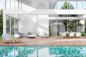 Modern style white house exterior with wooden terrace and blue tile swimming pool 3d render