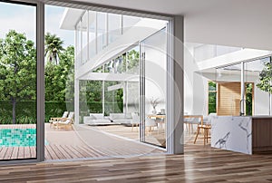 Modern style white house interior with wooden swimming pool terrace 3d render