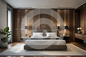modern styled bedroom with wardrobe shutter facia in geometrical pattern.Ai generated photo