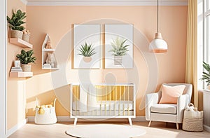 modern styled nursery in light beige and peach colors