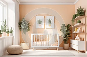 modern styled nursery in light beige and peach colors