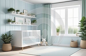 modern styled nursery in light blue colors