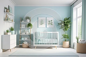 modern styled nursery in light blue colors