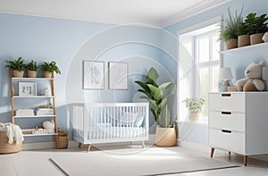 modern styled nursery in light blue colors