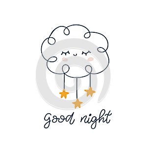 Modern stylich kids poster in scandinavian style. Cute scandi card with cloud, cute elements and lettering text. Vector