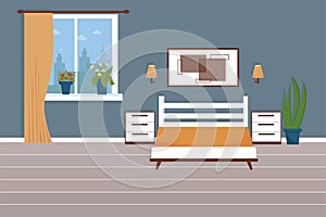 Modern, stylish bedroom interior of house or hotel stock vector illustration with bed, window, nightstand, picture