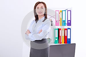 Modern and stylish business woman in office with copy space and mock up. Teacher at university. Working successful mother.